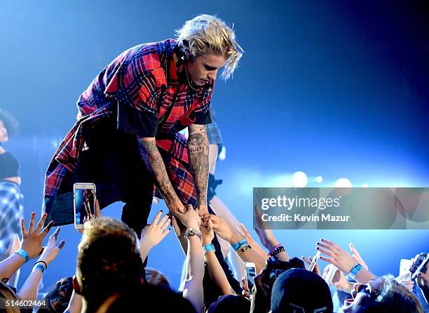 Singer/songwriter Justin Bieber performs onstage at KeyArena on March 9, 2016 in Seattle, Washington.