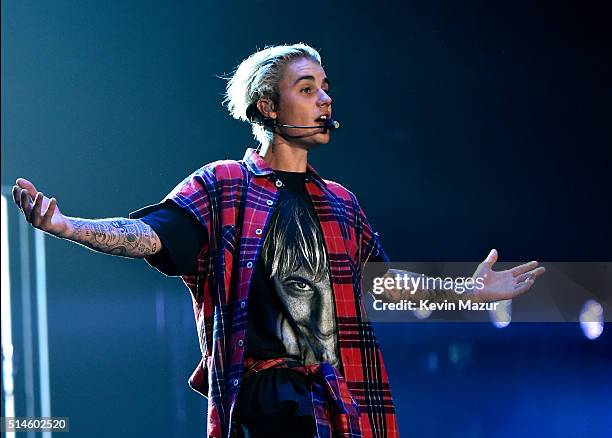 Singer/songwriter Justin Bieber performs onstage at KeyArena on March 9, 2016 in Seattle, Washington.