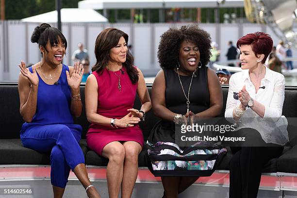 Aisha Tyler, Julie Chen, Sheryl Underwood and Sharon Osbourne visit "Extra" at Universal Studios Hollywood on March 9, 2016 in Universal City,...
