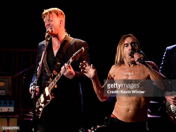 Musician Josh Homme and singer Iggy Pop perform at the Teragram Ballroom for The Post Pop Depression Tour on March 9, 2016 in Los Angeles, California.