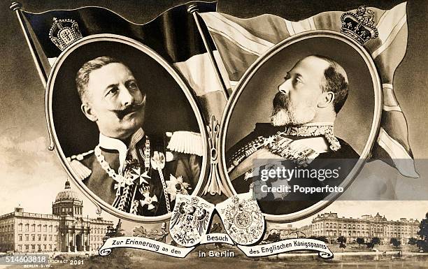 Vintage postcard featuring Kaiser Wilhelm II of Germany and King Edward VII of Great Britain on the occasion of the king's viist to Berlin, circa...