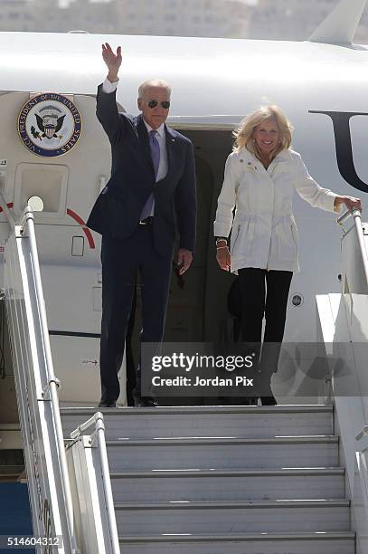 Vice President Joe Biden and wife Jill arrive at Marka airport on March 10, 2016 in Amman, Jordan. This is the final stop on Biden's Middle East tour...