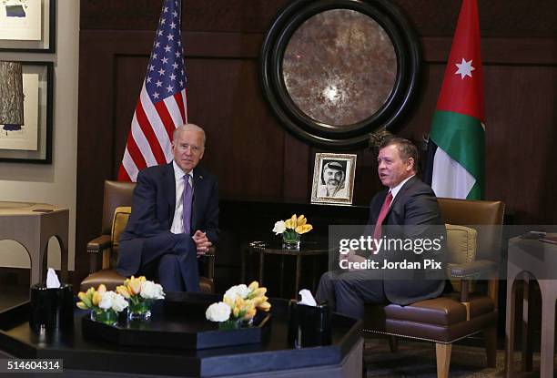 Vice President Joe Biden meets Jordan's King Abdullah II upon his arrival at Al- Husseineya palace on March 10, 2016 in Amman, Jordan. This is the...