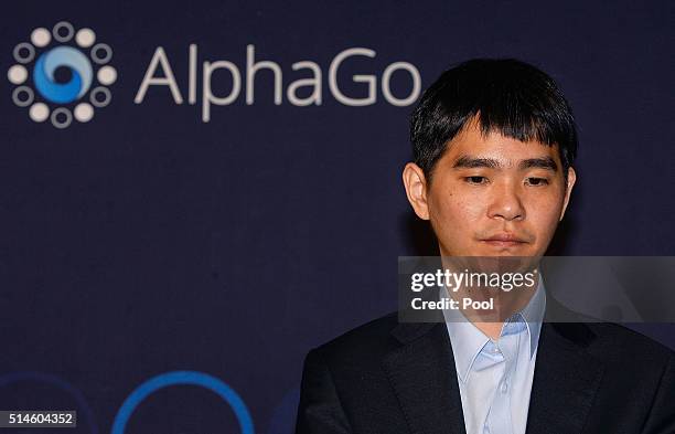 South Korean professional Go player Lee Se-Dol attends the press conference after the match against Google's artificial intelligence program, AlphaGo...