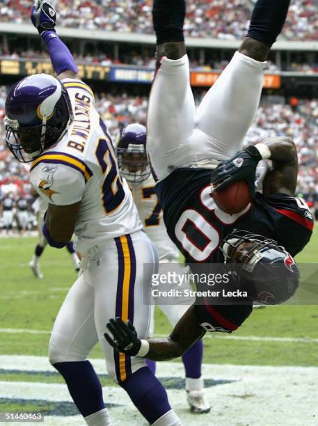 Andre Johnson of the Houston Texans catches a touchdown as Brian Williams of the Minnesota Vikings tries to make the tackle during their game on...
