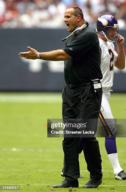 Head coach Mike Tice of the Minnesota Vikings yells at a referee during their game against the Houston Texans on October 10, 2004 at Reliant Stadium...