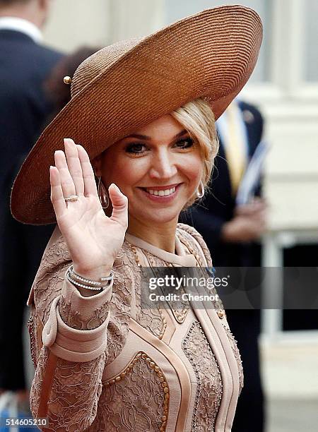 Queen Maxima of the Netherlands leaves after a meeting with French President Francois Hollande at the Elysee Presidential Palace on March 10, 2016 in...