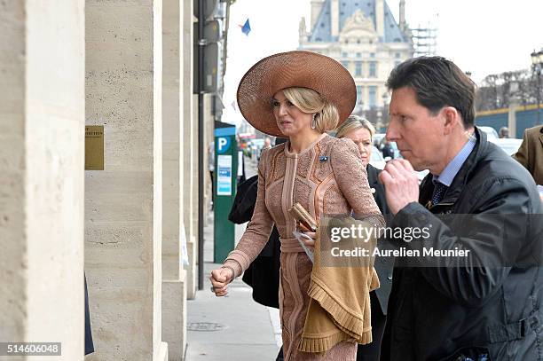 Queen Maxima of the Netherlands arrives at the Meurice Hotel on March 10, 2016 in Paris, France. Queen Maxima and King Willem-Alexander are on a...