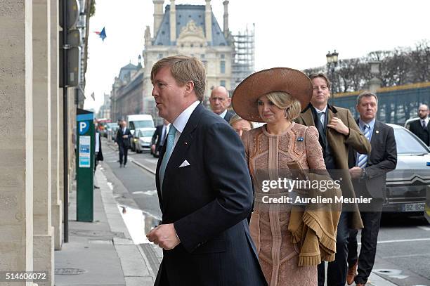 King Willem-Alexander of the Netherlands and Queen Maxima of the Netherlands arrives at the Meurice Hotel on March 10, 2016 in Paris, France. Queen...
