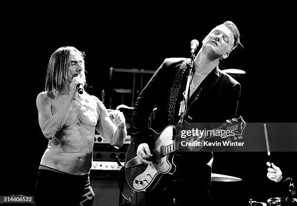 Singer Iggy Pop and musician Josh Homme perform at the Teragram Ballroom for The Post Pop Depression Tour on March 9, 2016 in Los Angeles, California.