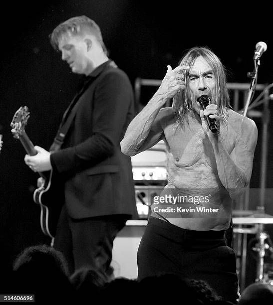 Musician Josh Homme and singer Iggy Pop perform at the Teragram Ballroom for The Post Pop Depression Tour on March 9, 2016 in Los Angeles, California.