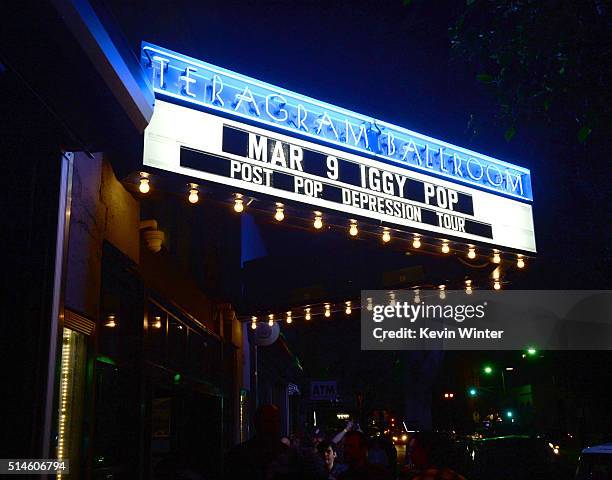 The marquee is shown at the Teragram Ballroom for The Post Pop Depression Tour on March 9, 2016 in Los Angeles, California.