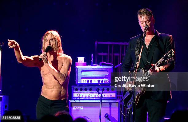 Singer Iggy Pop and musician Josh Homme perform at the Teragram Ballroom for The Post Pop Depression Tour on March 9, 2016 in Los Angeles, California.