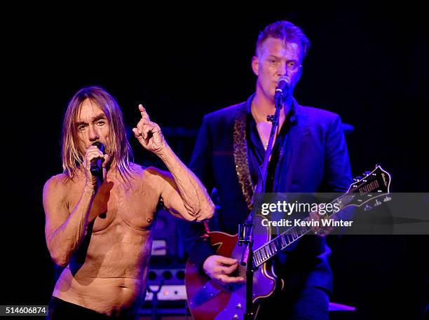 Singer Iggy Pop and musician Josh Homme perform at the Teragram Ballroom for The Post Pop Depression Tour on March 9, 2016 in Los Angeles, California.