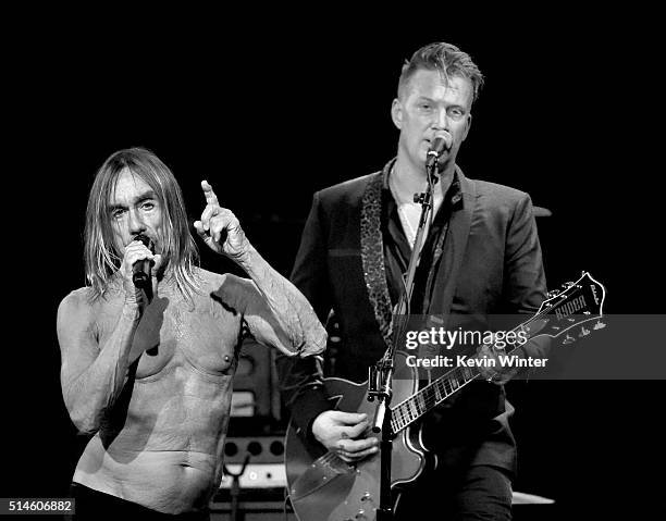 Singer Iggy Pop and musician Josh Homme perform at the Teragram Ballroom for The Post Pop Depression Tour on March 9, 2016 in Los Angeles, California.