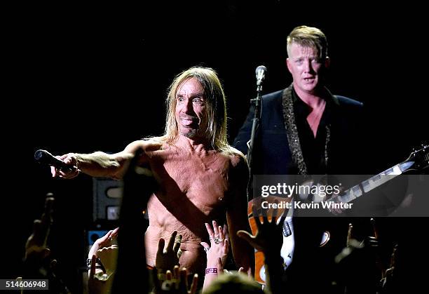 Singer Iggy Pop and musician Josh Homme perform at the Teragram Ballroom for The Post Pop Depression Tour on March 9, 2016 in Los Angeles, California.