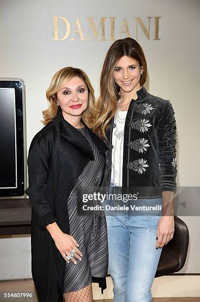 Silvia Damiani and Nicoletta Romanoff attend Damiani and Nicoletta Romanoff presents the new 'Fiocco' collection on March 10, 2016 in Milan, Italy.