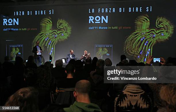 Massimo Mauro and Ron present 'La Forza Di Dire Si' on March 10, 2016 in Milan, Italy.