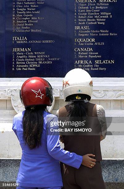 Two women look at the names of the victims of October 12 Bali bombings inscribed on a monument in Kuta, Bali, 11 October 2004, one day before the...