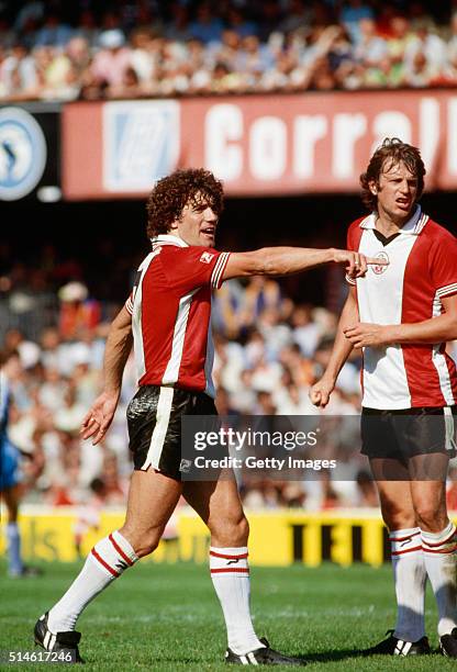 Southampton strike force Kevin Keegan and Mick Channon look on during Keegan's debut in the First Division match between Southampton and Manchester...
