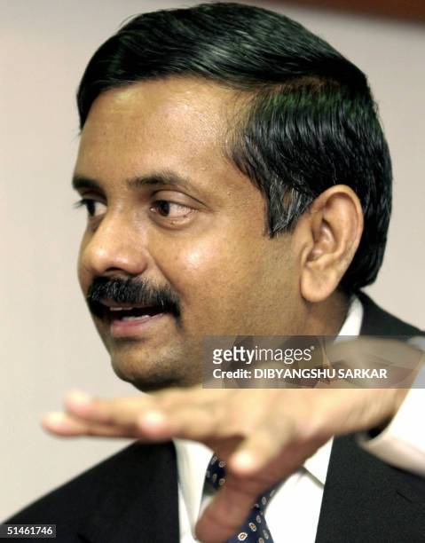 Director and Chief Executive Officer of India's Bahwan Cyber Tek Group, S.Durga Prasad addresses a press conference in Madras, 11 October 2004. The...