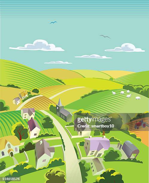 countryside with village - 樹籬 幅插畫檔、美工圖案、卡通及圖標