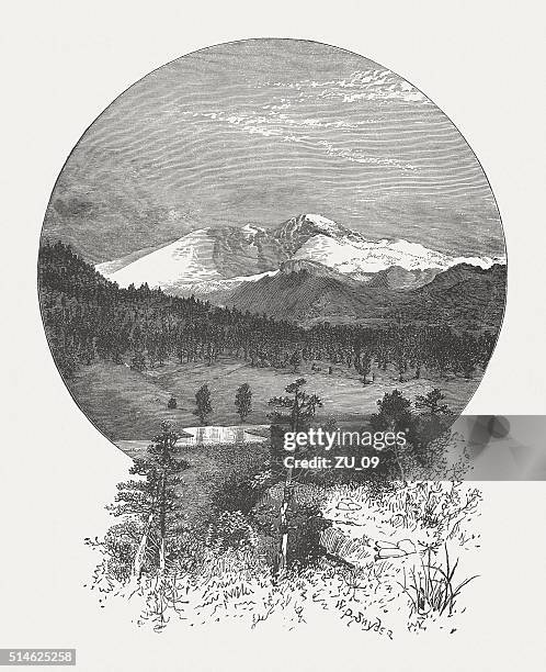 longs peak mountain, rocky mountains, colorado, usa, published in 1880 - estes park stock illustrations