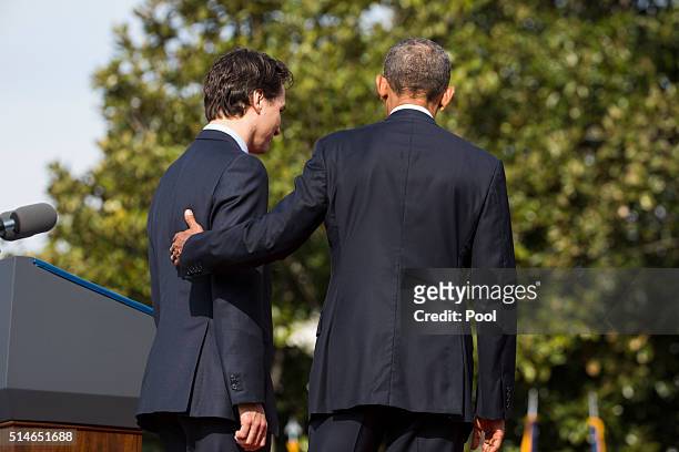 President Barack Obama welcomes Canadian Prime Minister Justin Trudeau during an arrival ceremony on the South Lawn of the White House, March 10,...