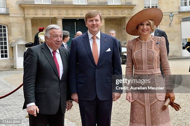 King Willem-Alexander of the Netherlands and Queen Maxima arrive at the Senate for a meeting with the President of the Senat Gerard Larcher on March...