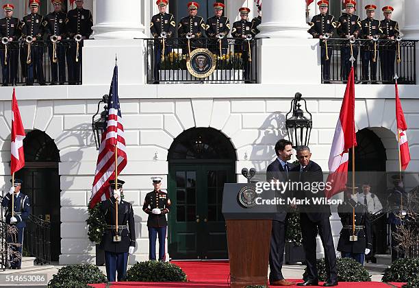 President Barack Obama welcomes Canadian Prime Minister Justin Trudeau during an arrival ceremony on the South Lawn of the White House, March 10,...