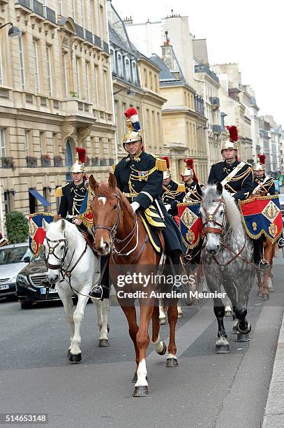 Republican Guards arrive to the Senate as King Willem-Alexander of the Netherlands and Queen Maxima meet with the President of the Senate Gerard...