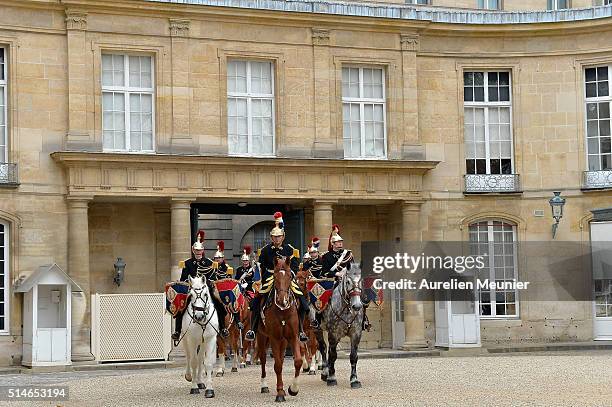 Republican Guards arrive to the Senate as King Willem-Alexander of the Netherlands and Queen Maxima meet with the President of the Senate Gerard...