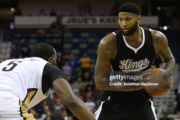 DeMarcus Cousins of the Sacramento Kings drives with the ball during a game at Smoothie King Center on March 7, 2016 in New Orleans, Louisiana. NOTE...