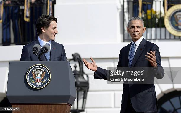 President Barack Obama, right, gestures as Justin Trudeau, Canada's prime minister, speaks during a welcoming ceremony on the South Lawn of the White...