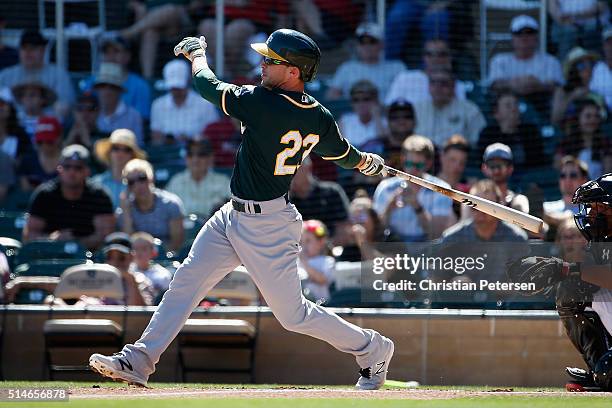 Sam Fuld of the Oakland Athletics bats against the Arizona Diamondbacks during the spring training game at Salt River Fields at Talking Stick on...