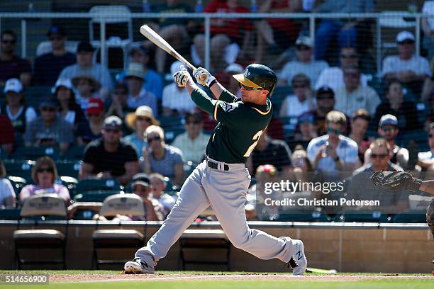 Sam Fuld of the Oakland Athletics bats against the Arizona Diamondbacks during the spring training game at Salt River Fields at Talking Stick on...