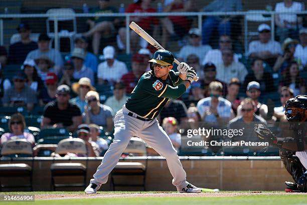 Sam Fuld of the Oakland Athletics bats against the Arizona Diamondbacks during the spring training game at Salt River Fields at Talking Stick on...