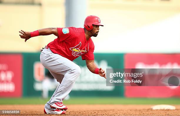 Carlos Peguero of the St. Louis Cardinals in action during the spring training game against the Miami Marlins on March 5, 2016 in Jupiter, Florida.