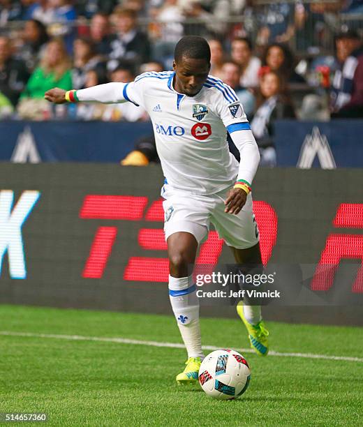 Ambroise Oyongo of the Montreal Impact plays the ball during their MLS game against the Vancouver Whitecaps March 6, 2016 at BC Place in Vancouver,...