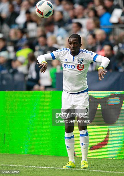 Ambroise Oyongo of the Montreal Impact plays the ball during their MLS game against the Vancouver Whitecaps March 6, 2016 at BC Place in Vancouver,...