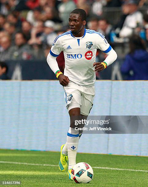 Ambroise Oyongo of the Montreal Impact plays the ball during their MLS game against the Vancouver Whitecaps March 6, 2016 at BC Place in Vancouver,...