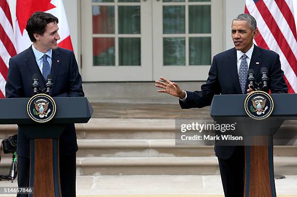 President Barack Obama and Canadian Prime Minister Justin Trudeau hold a joint press conference in the Rose Garden at the White House, March 10, 2016...