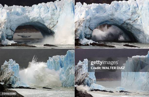 Sequence of images of the collapse of huge masses of ice from the wall of the Perito Moreno Glacier located at Los Glaciares National Park, southwest...