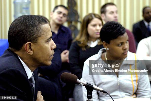 American politician Senator Barack Obama meets with students and staff at Malcolm X College, Chicago, Illinois, April 4, 2005.