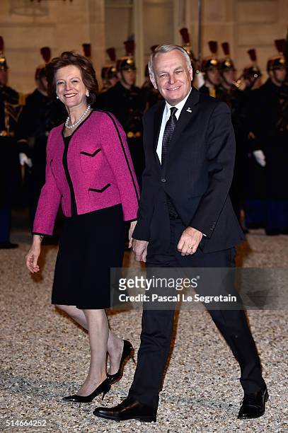 Jean-Marc Ayrault and his wife Brigitte arrive at The State Dinner in Honor Of King Willem-Alexander of the Netherlands and Queen Maxima on March 10,...