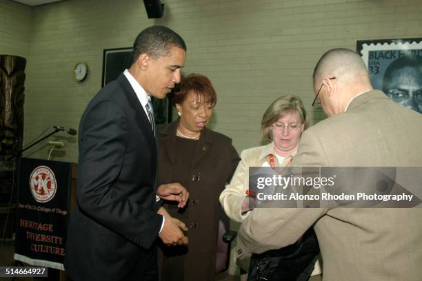 American politician Senator Barack Obama meets with students and staff at Malcolm X College, Chicago, Illinois, April 4, 2005.