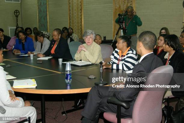 American politician Senator Barack Obama meets with students and staff at Malcolm X College, Chicago, Illinois, April 4, 2005.