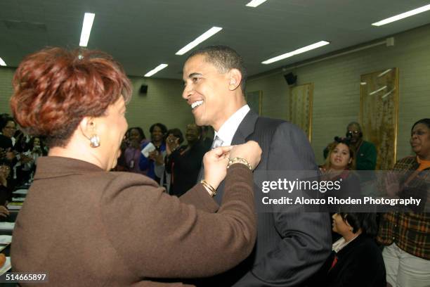 American politician Senator Barack Obama meets with students and staff at Malcolm X College, Chicago, Illinois, April 4, 2005.