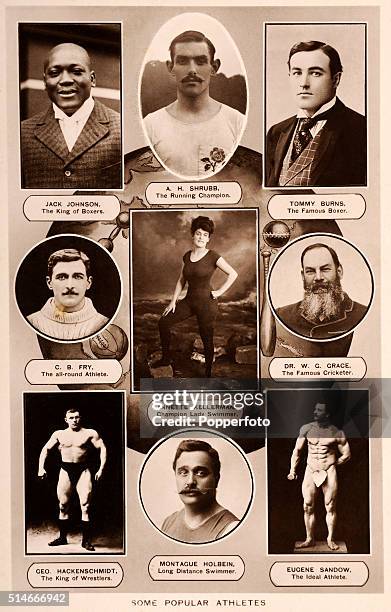 Vintage photographic montage featuring "Some Popular Athletes", circa 1910. Left to right, from the top: Jack Johnson, the king of boxers; Alfred...