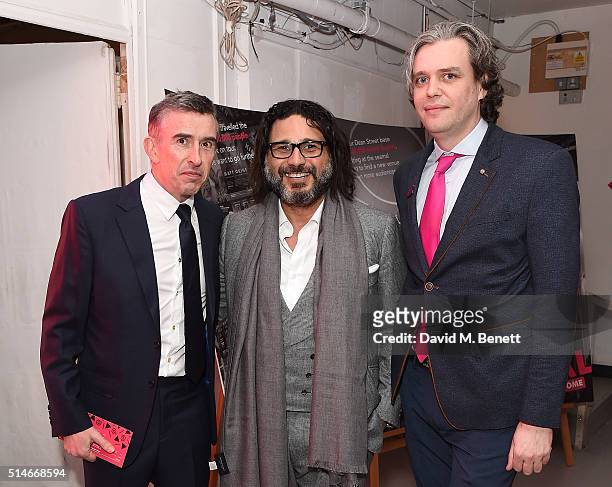 Steve Coogan, Hani Farsi and Steve Marmion attend the Soho Theatre Gala 2016 at The Vinyl Factory on March 10, 2016 in London, England.
